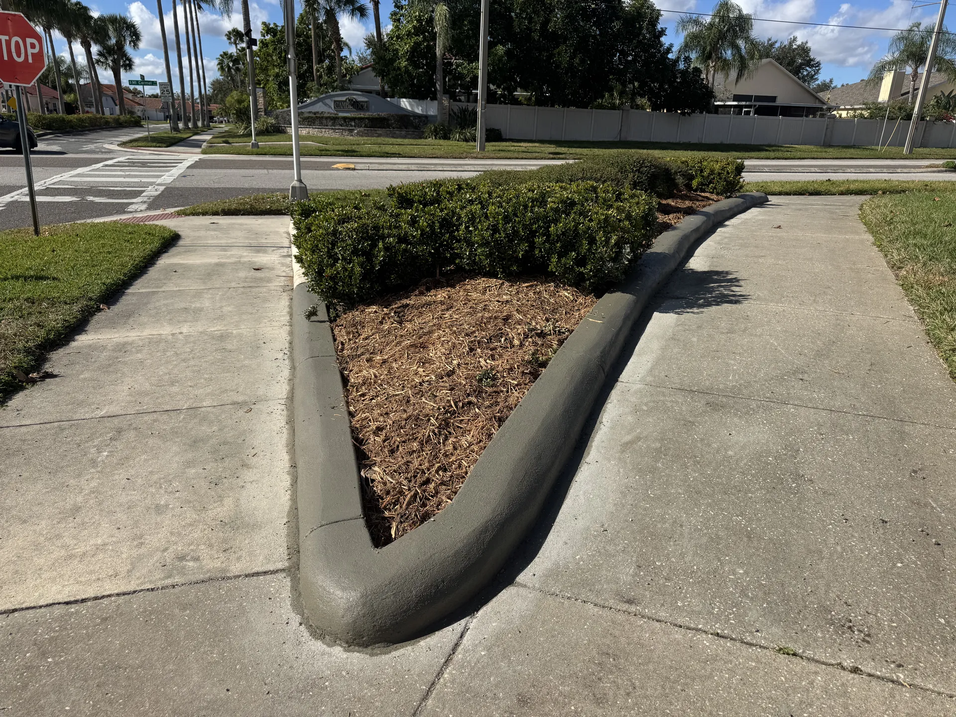 New concrete curbing around a landscaped planter island at a sidewalk